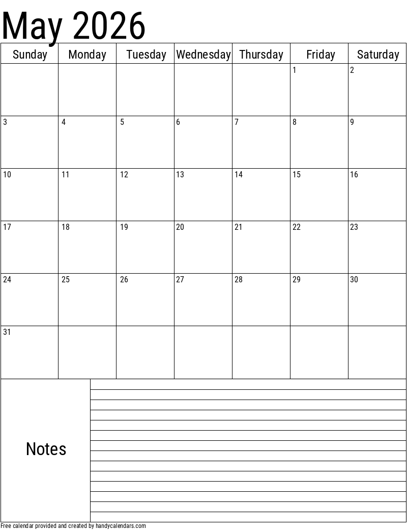 Blank Calendar May 2026 Free Printable