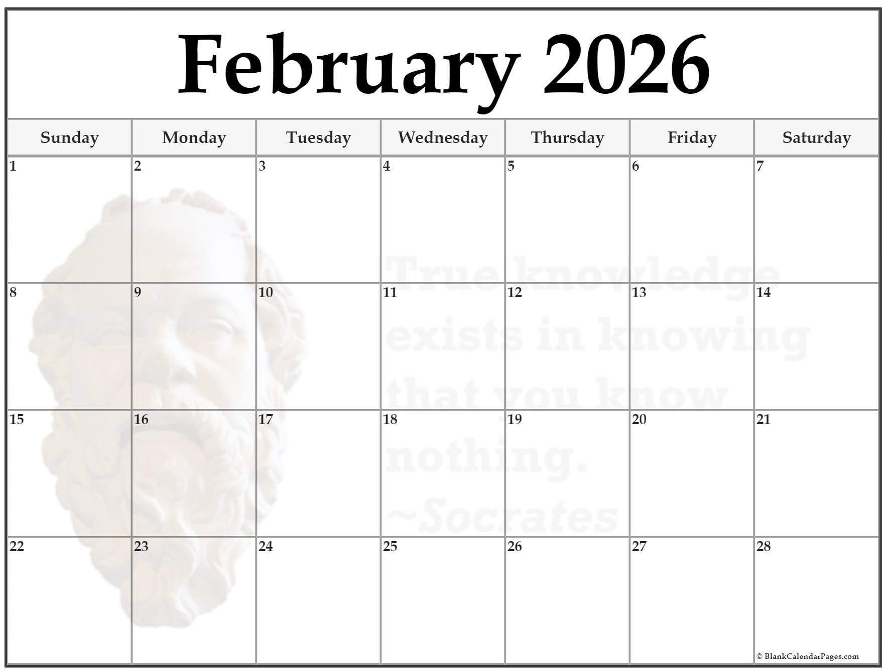 Blank Calendar February 2026 Printable