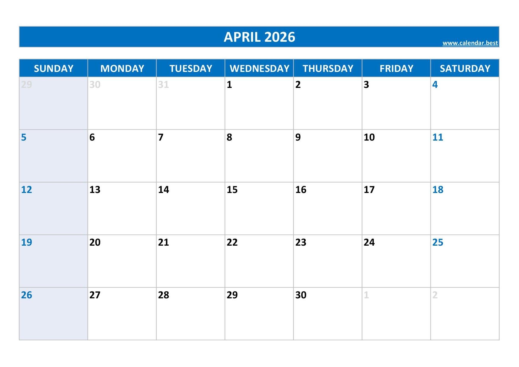 Blank Printable Calendar April 2026
