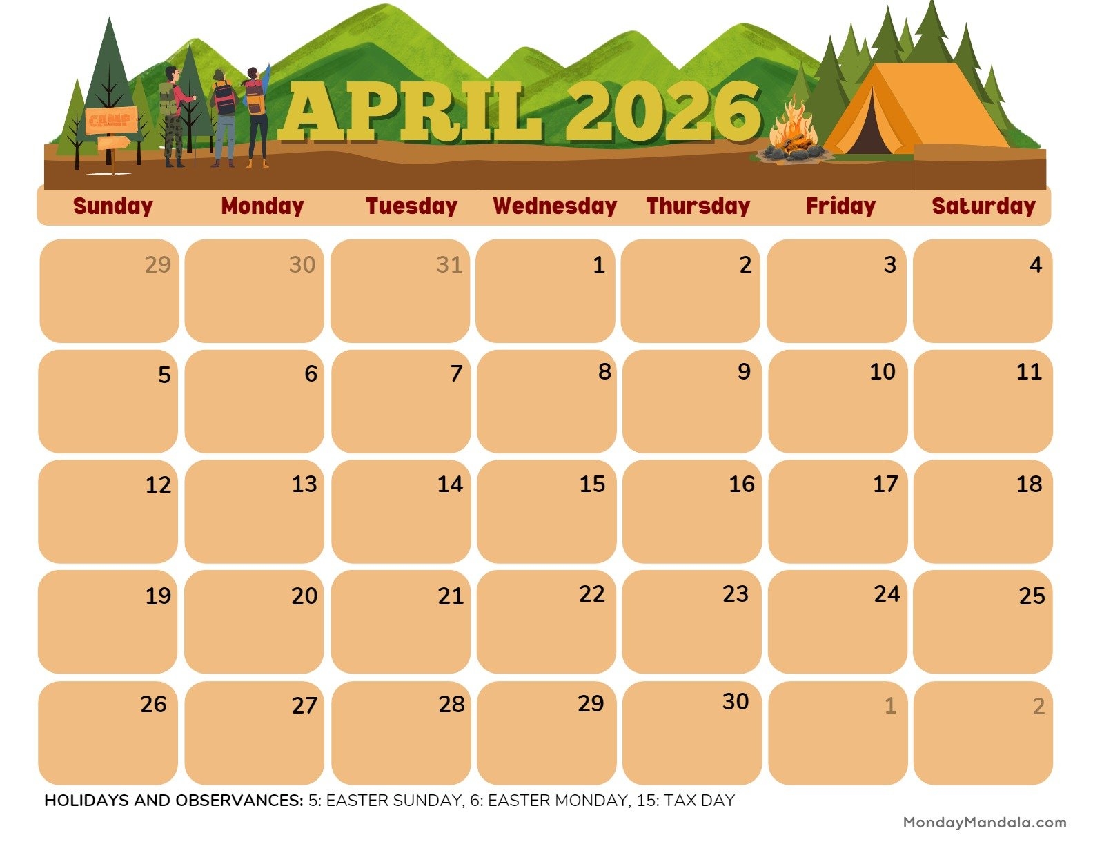 Blank April 2026 Calendar Printable