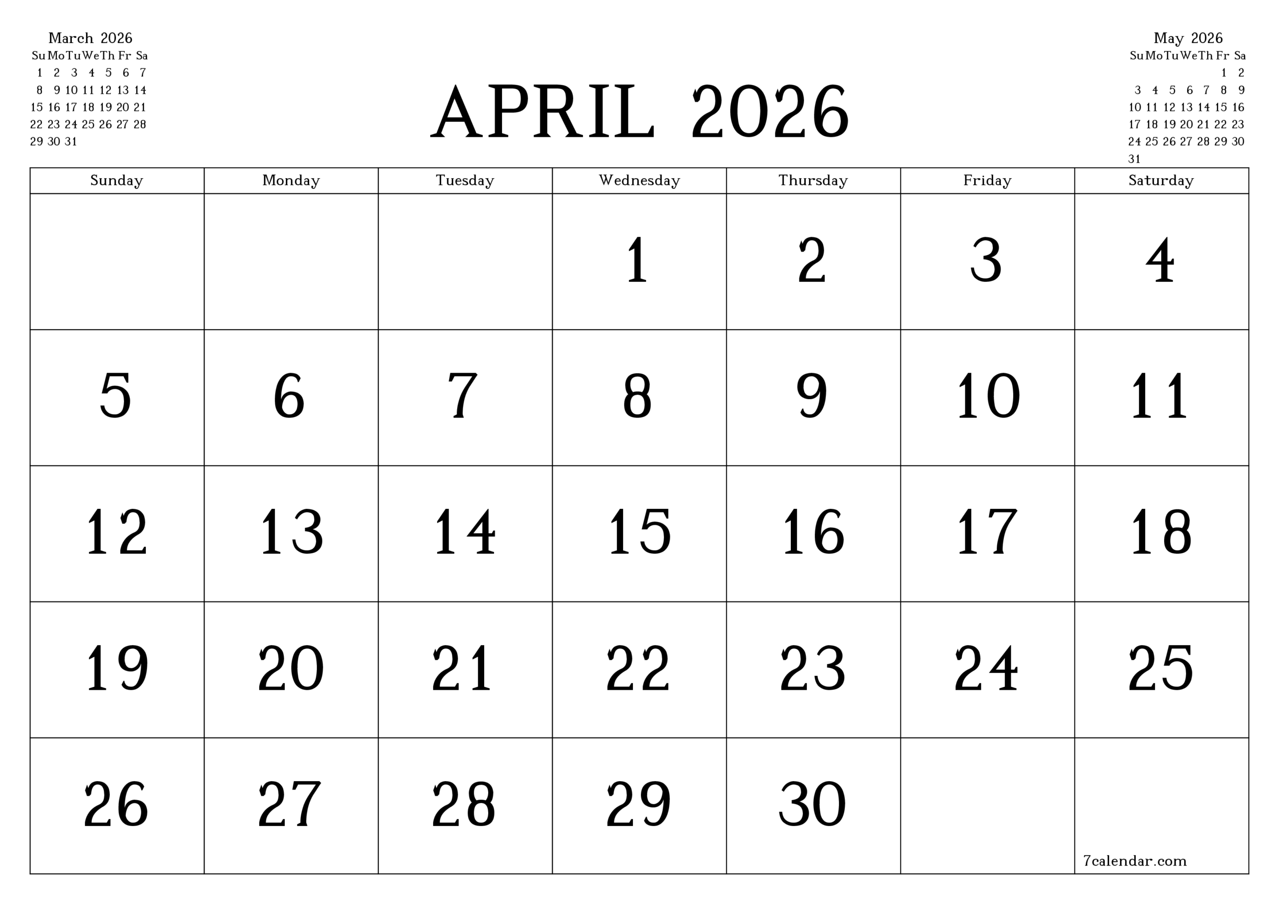 Blank Monthly Calendar Printable April 2026