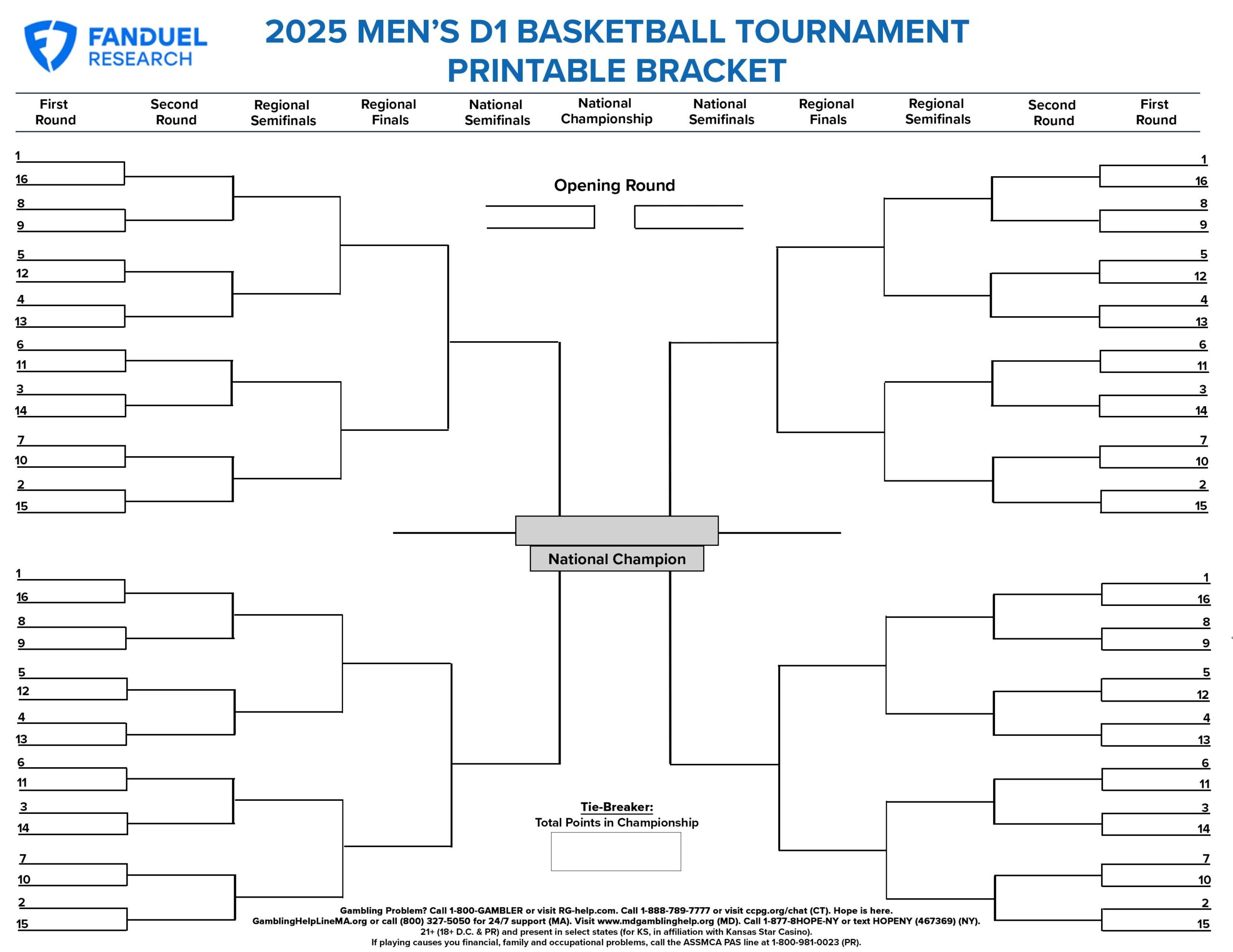 Blank Printable Brackets For Men s And Women s 2025 College Basketball Tournaments FanDuel Research