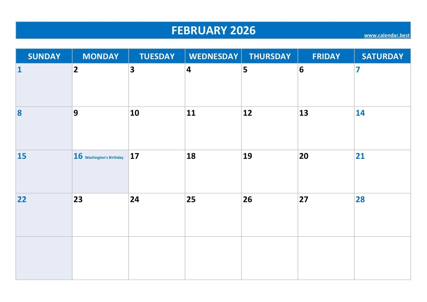 Blank February 2026 Calendar Printable Pdf