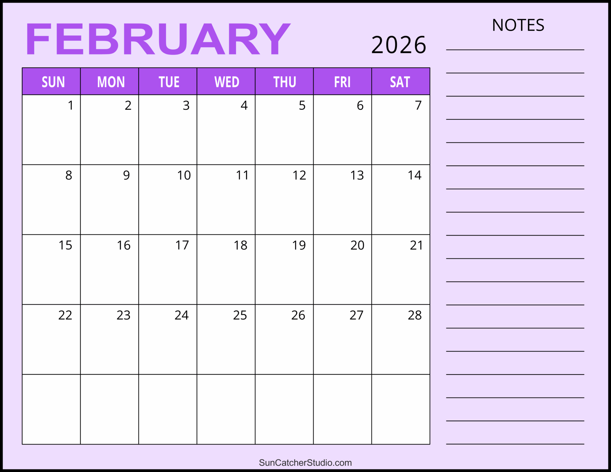 Blank Printable Calendar February 2026