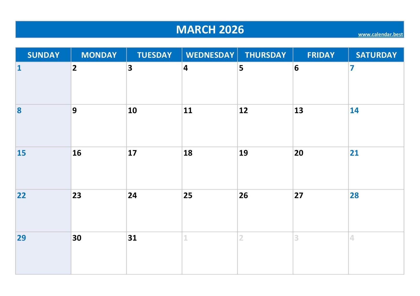 Blank Calendar March 2026 Free Printable