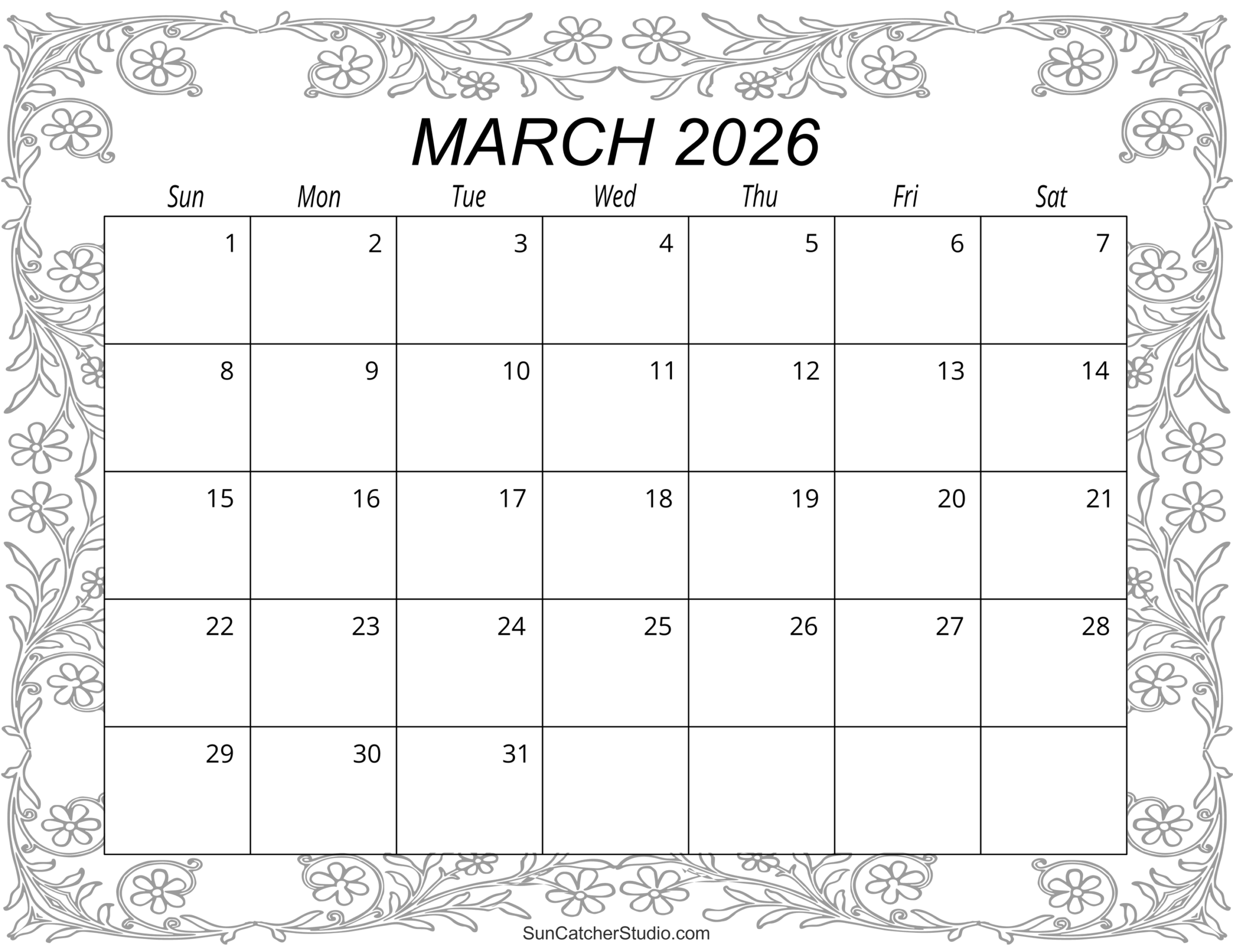Printable Blank Calendar March 2026