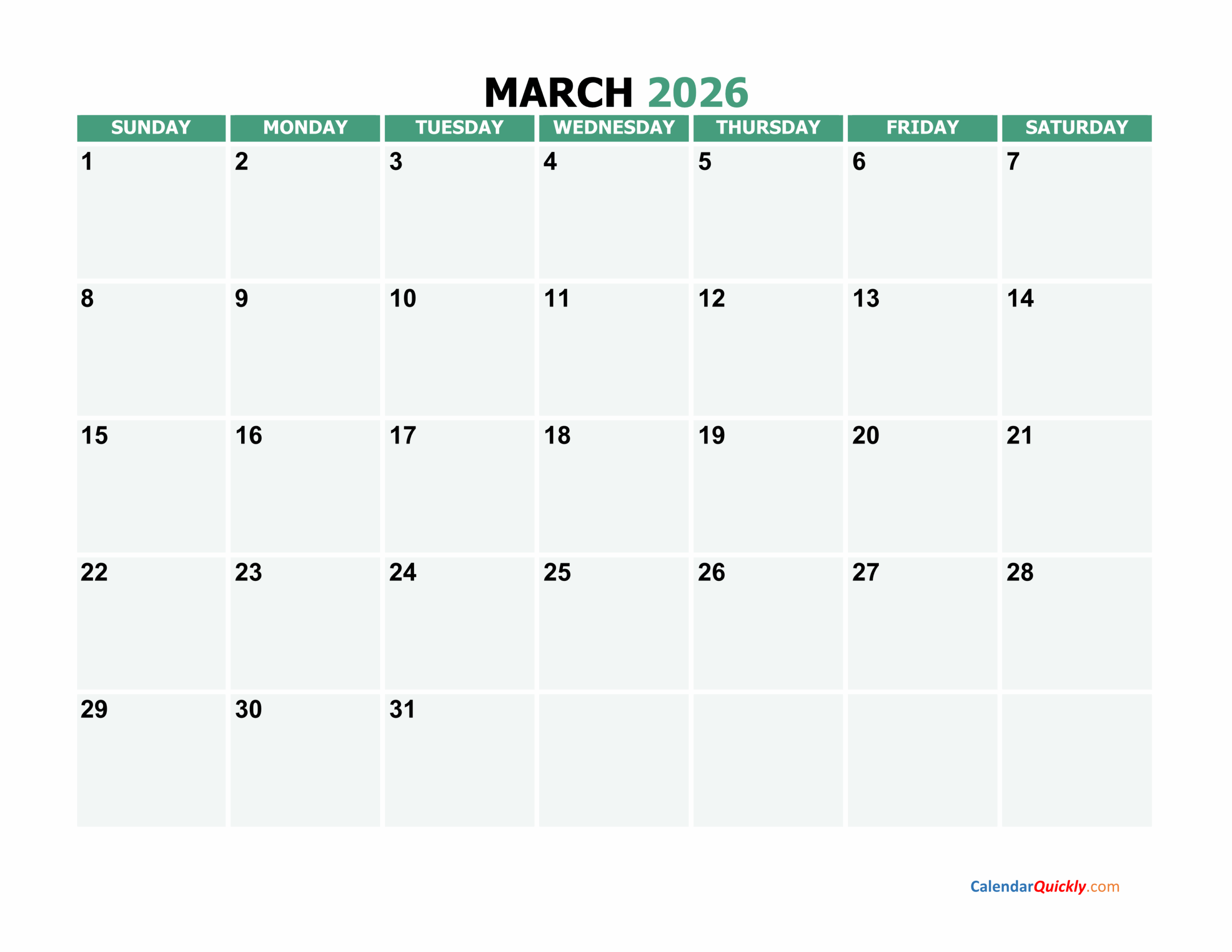 Blank Calendar Printable March 2026