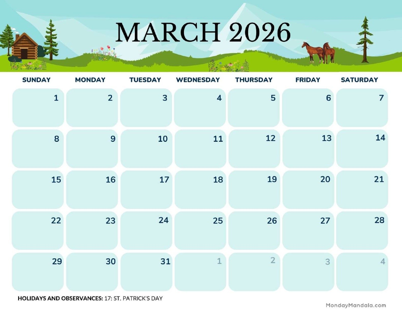 Blank Calendar Template March 2026 Printable