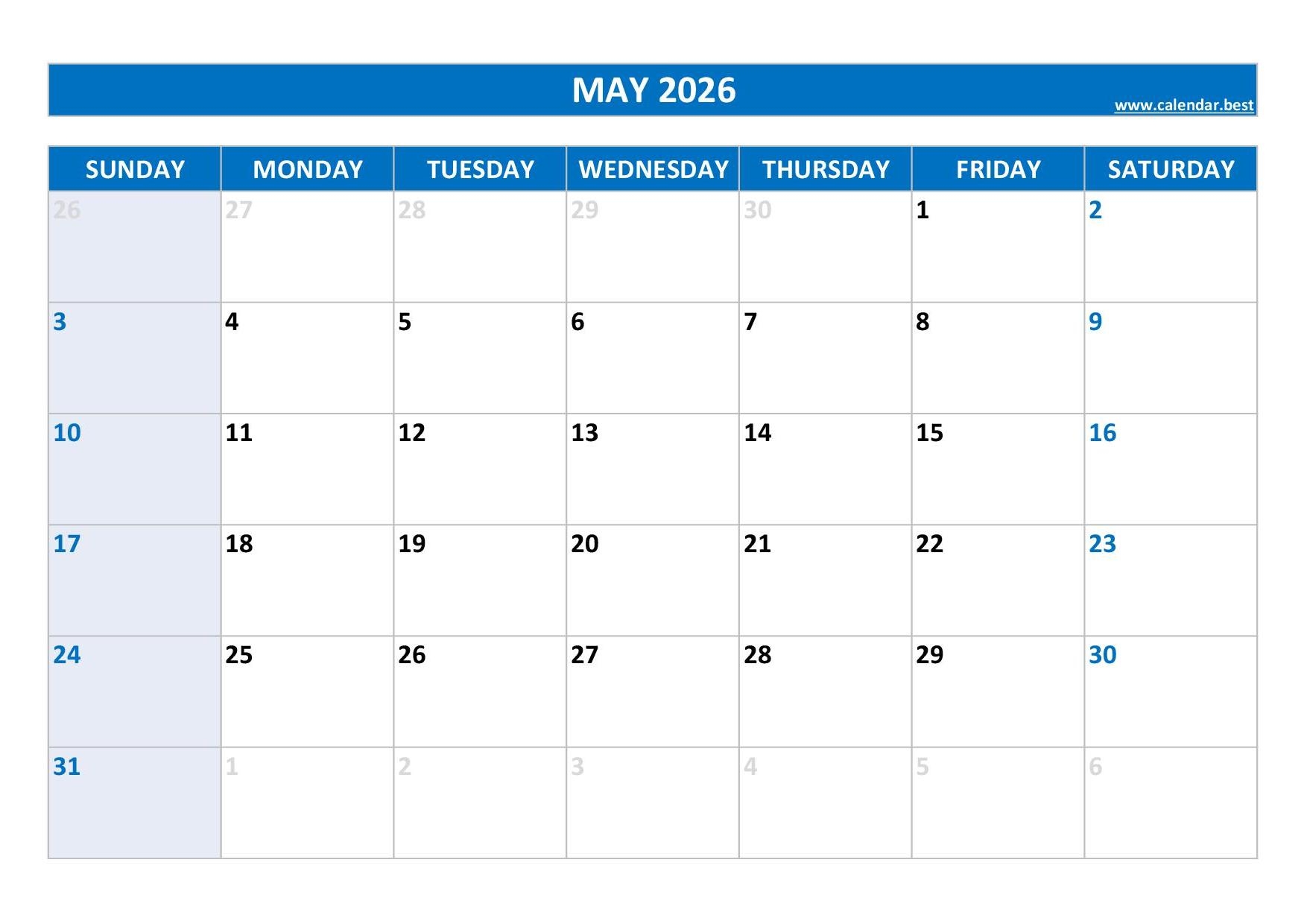 Blank May Calendar 2026 Printable